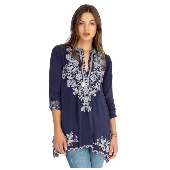 Johnny Was Mayan Ivory Embroidered Long Sleeve Tunic Blue - Picture 3 of 15